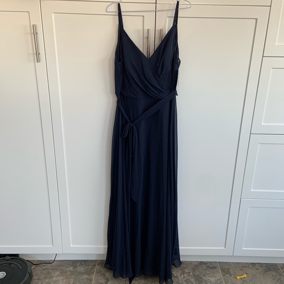 After Six Navy Blue Floor Length Gown with Sash - Picture 1 of 5
